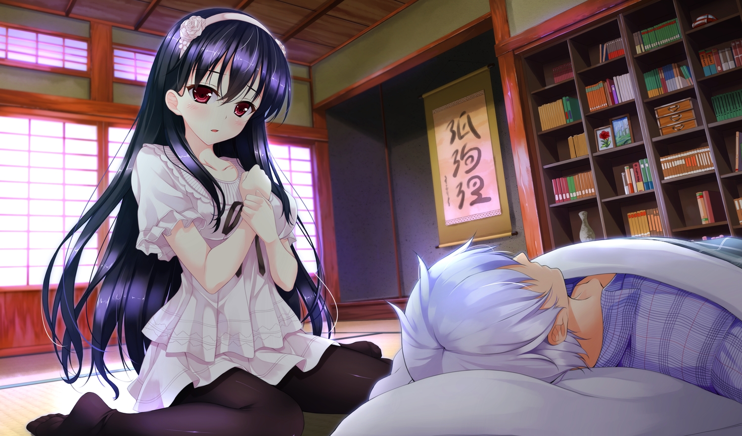 black_hair, dress, game_cg, hayakawa_harui, headband, lass, long_hair, okushiro_yuki