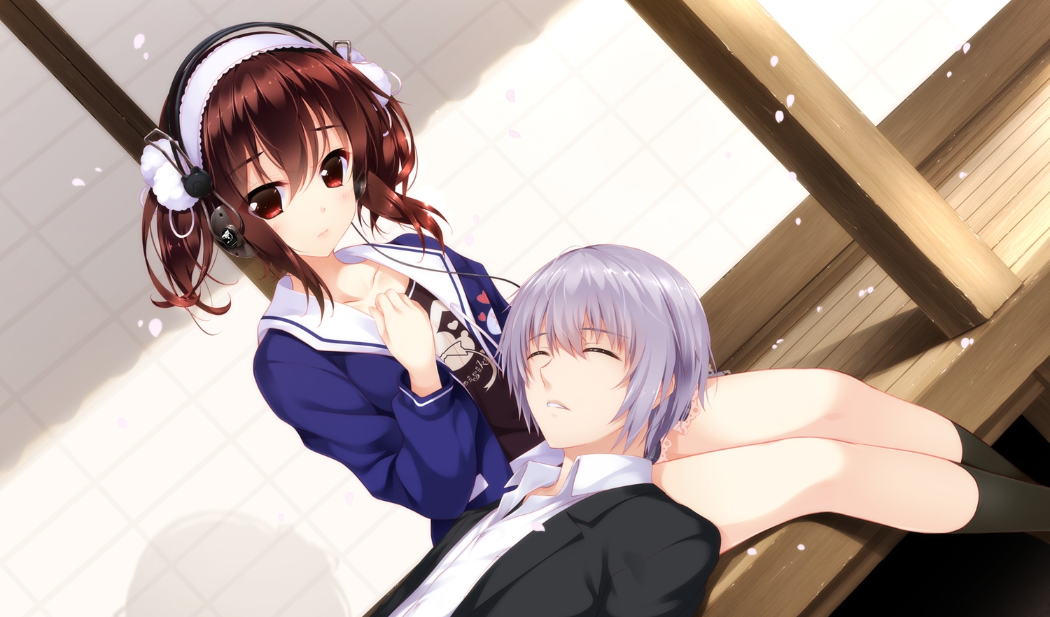 brown_eyes, brown_hair, game_cg, hayakawa_harui, headphones, kneehighs, lass, purple_hair