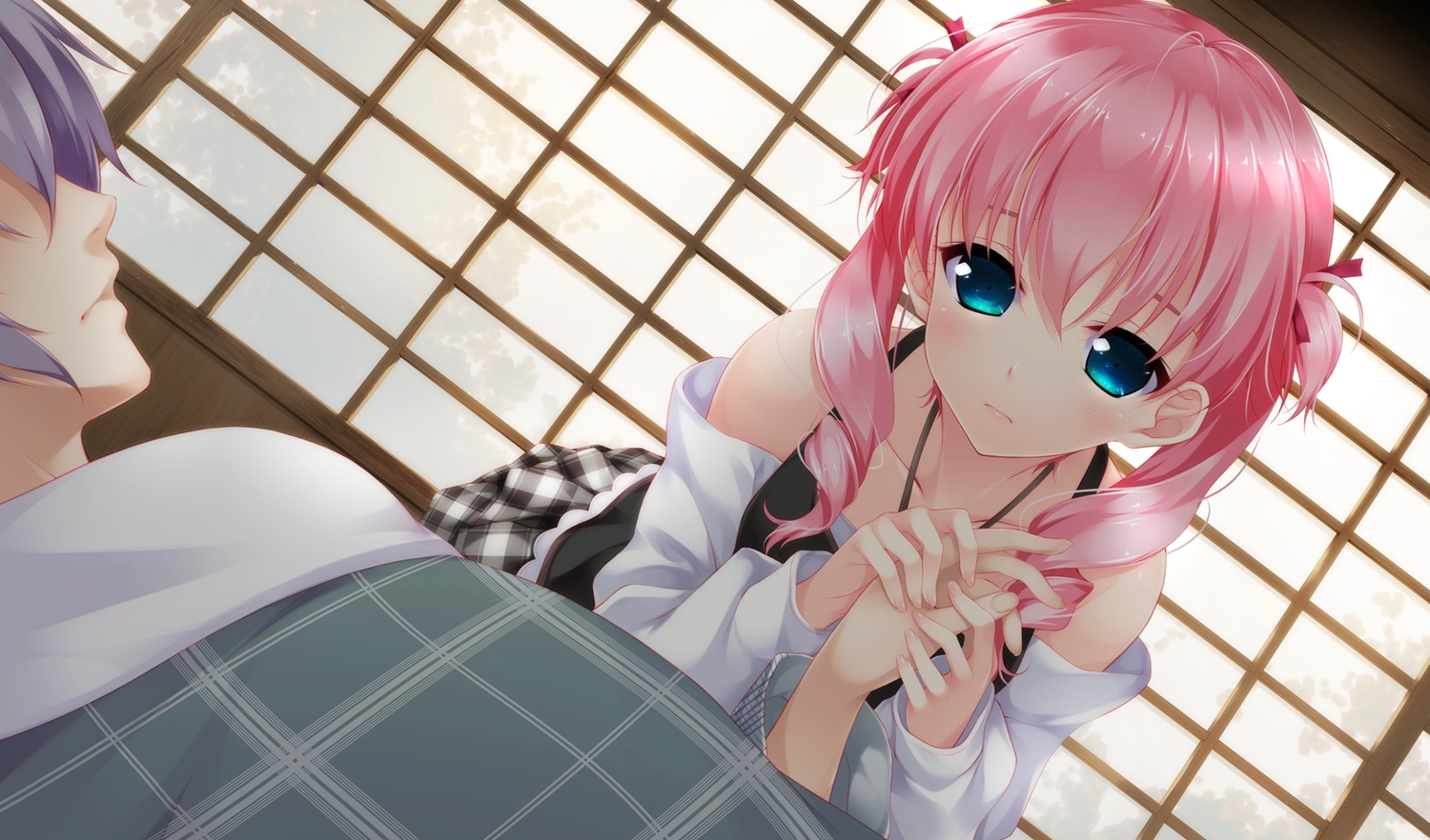 blue_eyes, game_cg, hayakawa_harui, lass, michioka_airi, pink_hair, school_uniform, short_hair, shoujo_shiniki_shoujo_tengoku, takagi_shun, twintails