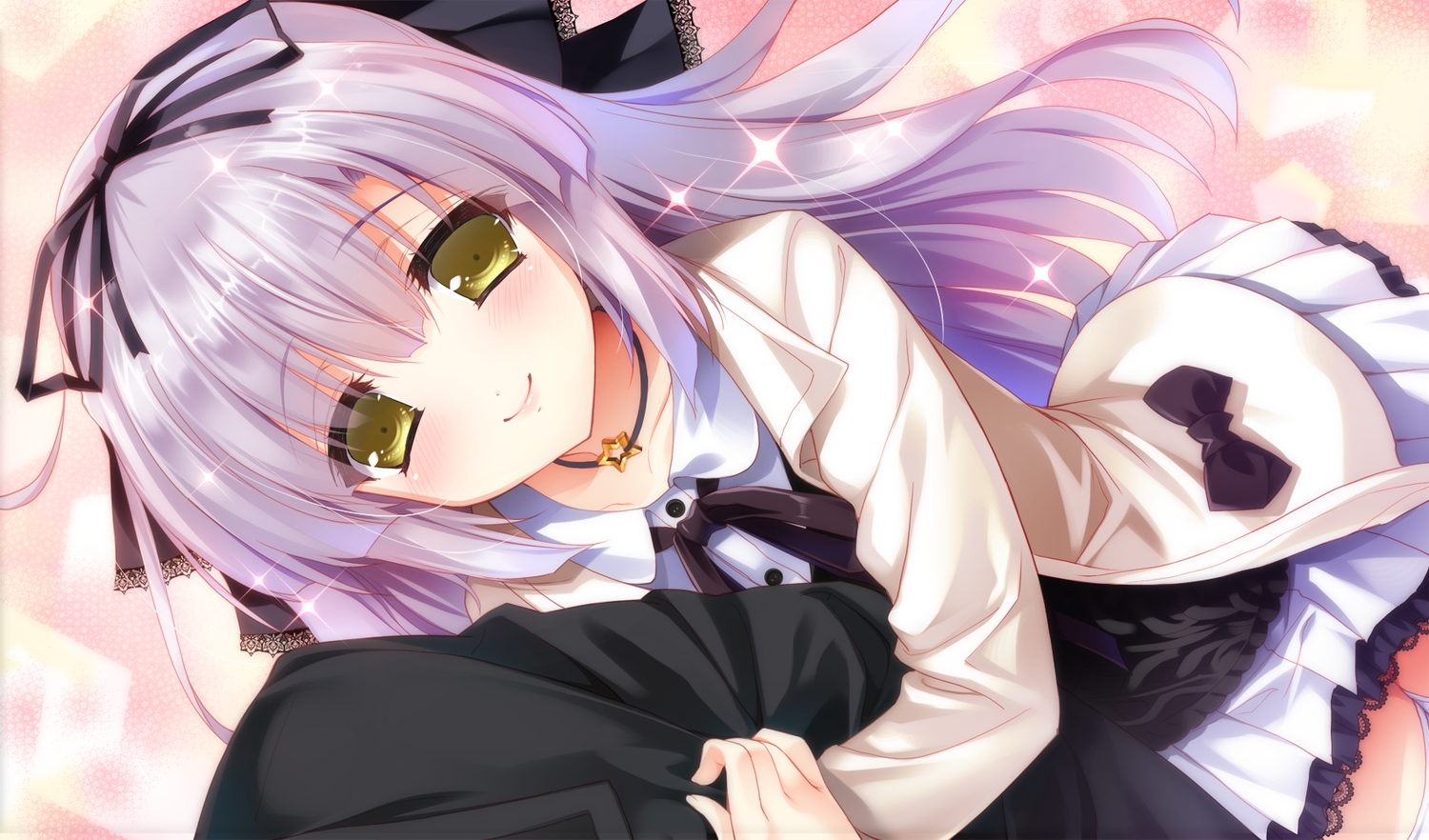 game_cg, gray_hair, lass, long_hair, necklace, ribbons, shoujo_shiniki_shoujo_tengoku, takagi_sana