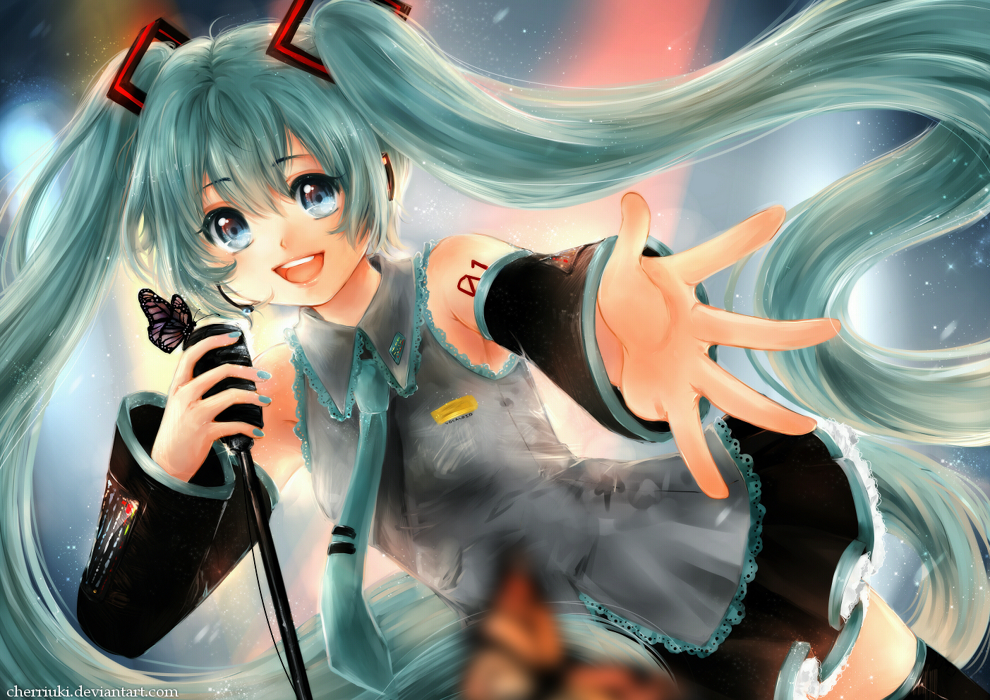 aqua_eyes, aqua_hair, butterfly, cherriuki, long_hair, microphone, miku_append, tie, twintails, vocaloid, watermark