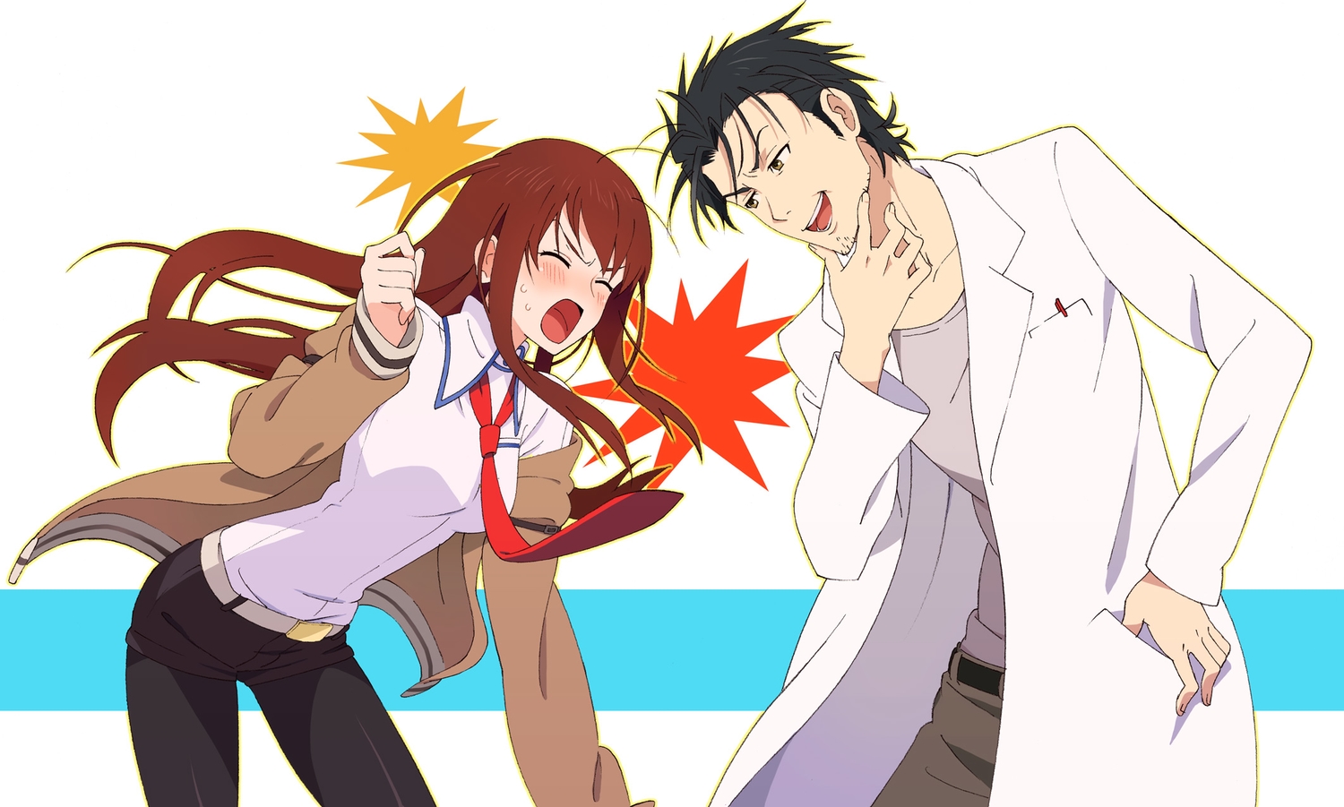 black_hair, blush, brown_eyes, brown_hair, makise_kurisu, okabe_rintarou, pantyhose, shorts