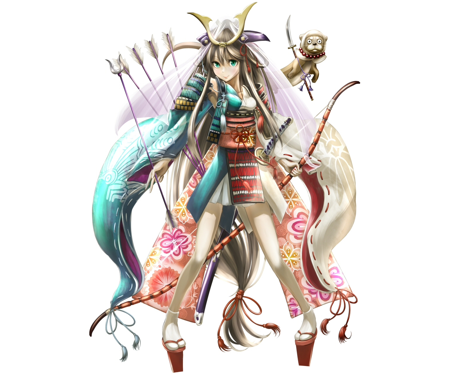 animal, aqua_eyes, armor, bow_(weapon), brown_hair, headdress, japanese_clothes, katana, kouji_oota, long_hair, original, samurai, socks, sword, weapon, white