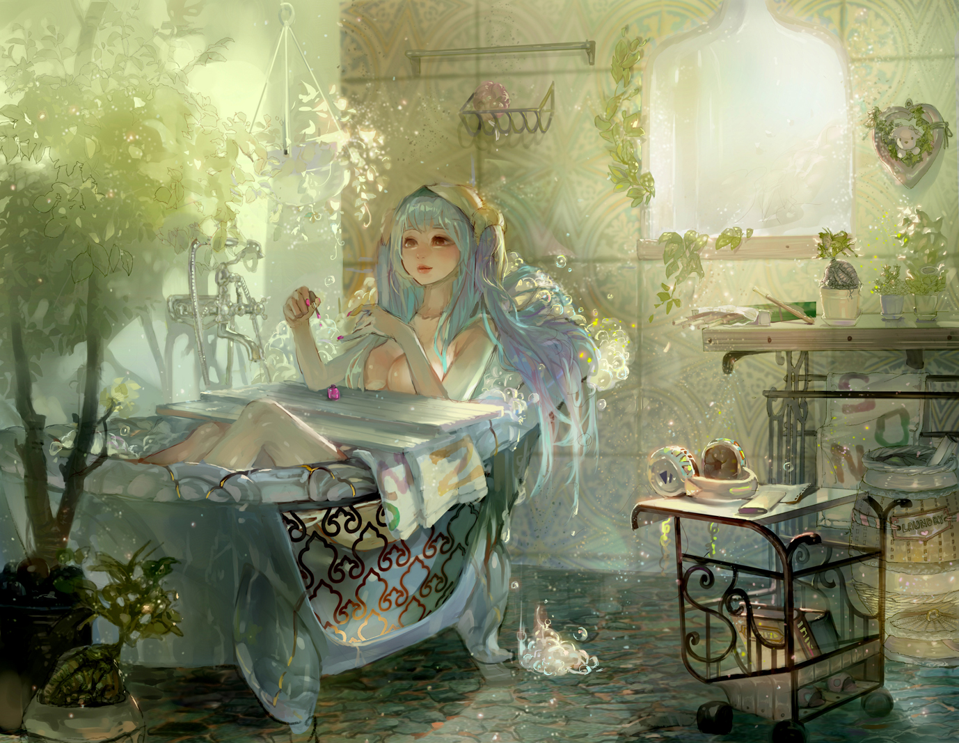 bath, bathtub, blue_hair, book, breasts, brown_eyes, cleavage, dahl_lange