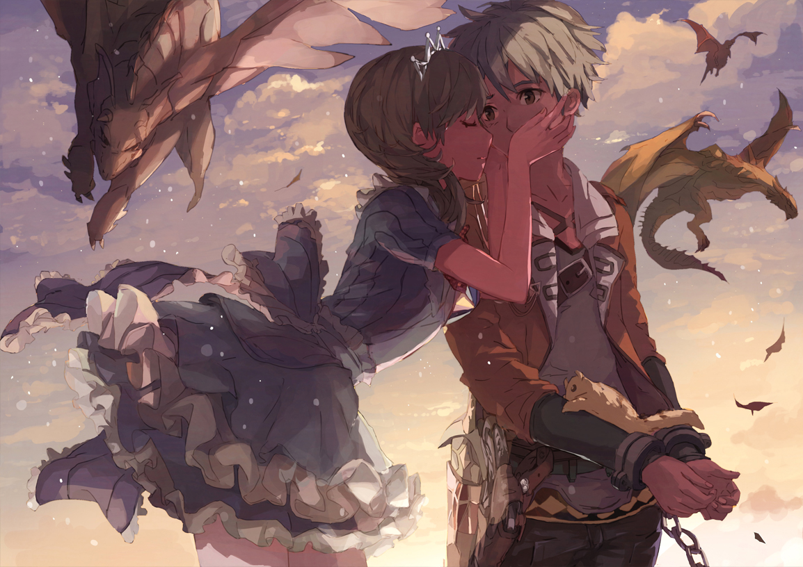 animal, brown_eyes, brown_hair, clouds, crown, dragon, dress, ooi_choon_liang