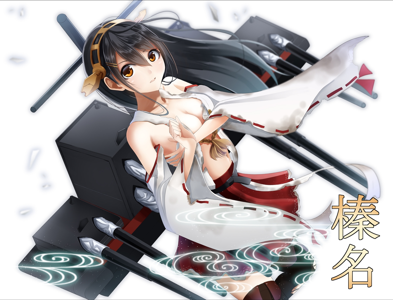 anthropomorphism, black_hair, breast_hold, breasts, brown_eyes, cleavage, haruna_(kancolle), headband