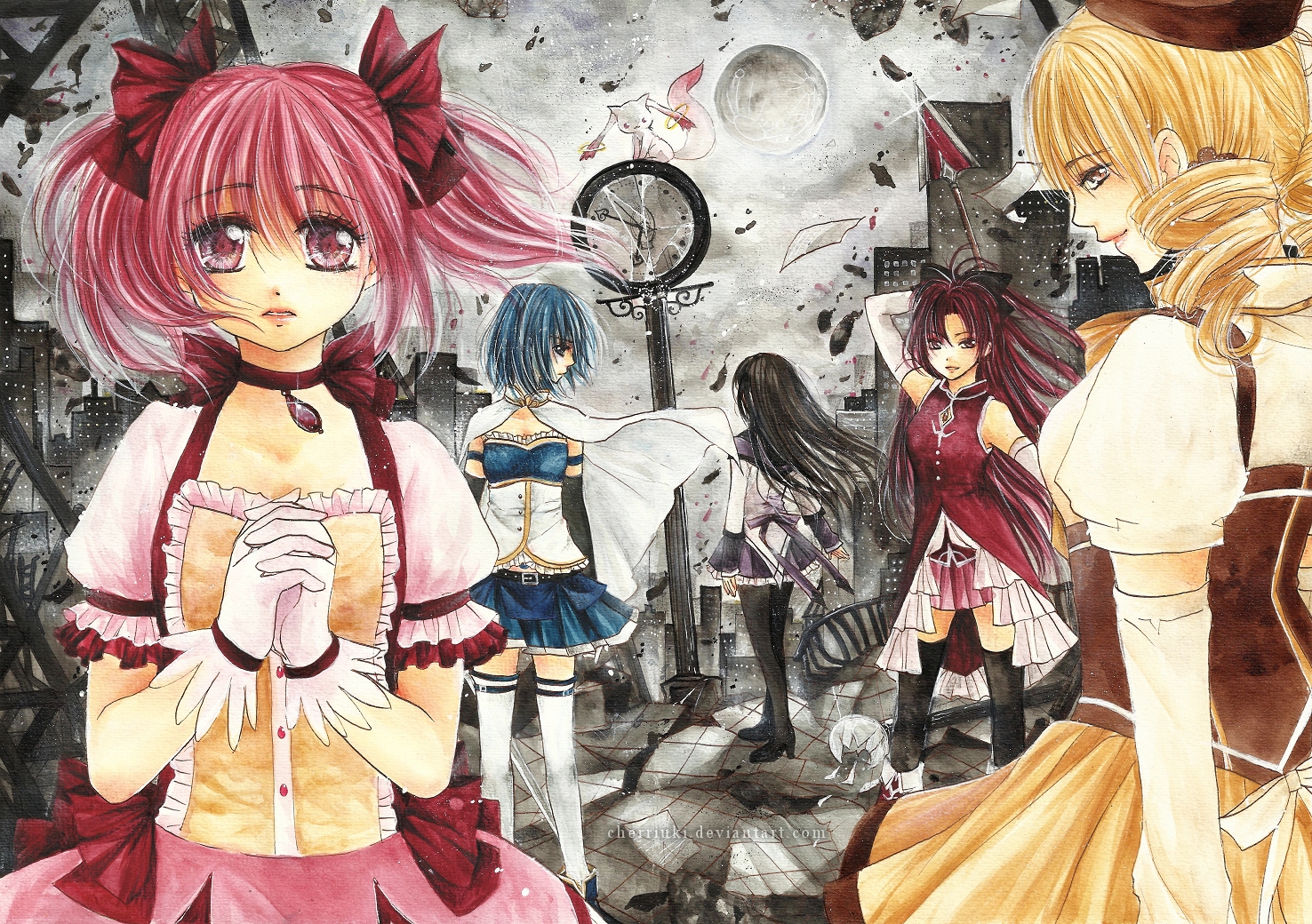 akemi_homura, black_hair, blonde_hair, blue_hair, cape, cherriuki, choker, elbow_gloves, gloves, kaname_madoka, kyuubee, long_hair, mahou_shoujo_madoka_magica, miki_sayaka, pantyhose, pink_eyes, pink_hair, red_hair, sakura_kyouko, short_hair, thighhighs, tomoe_mami, watermark