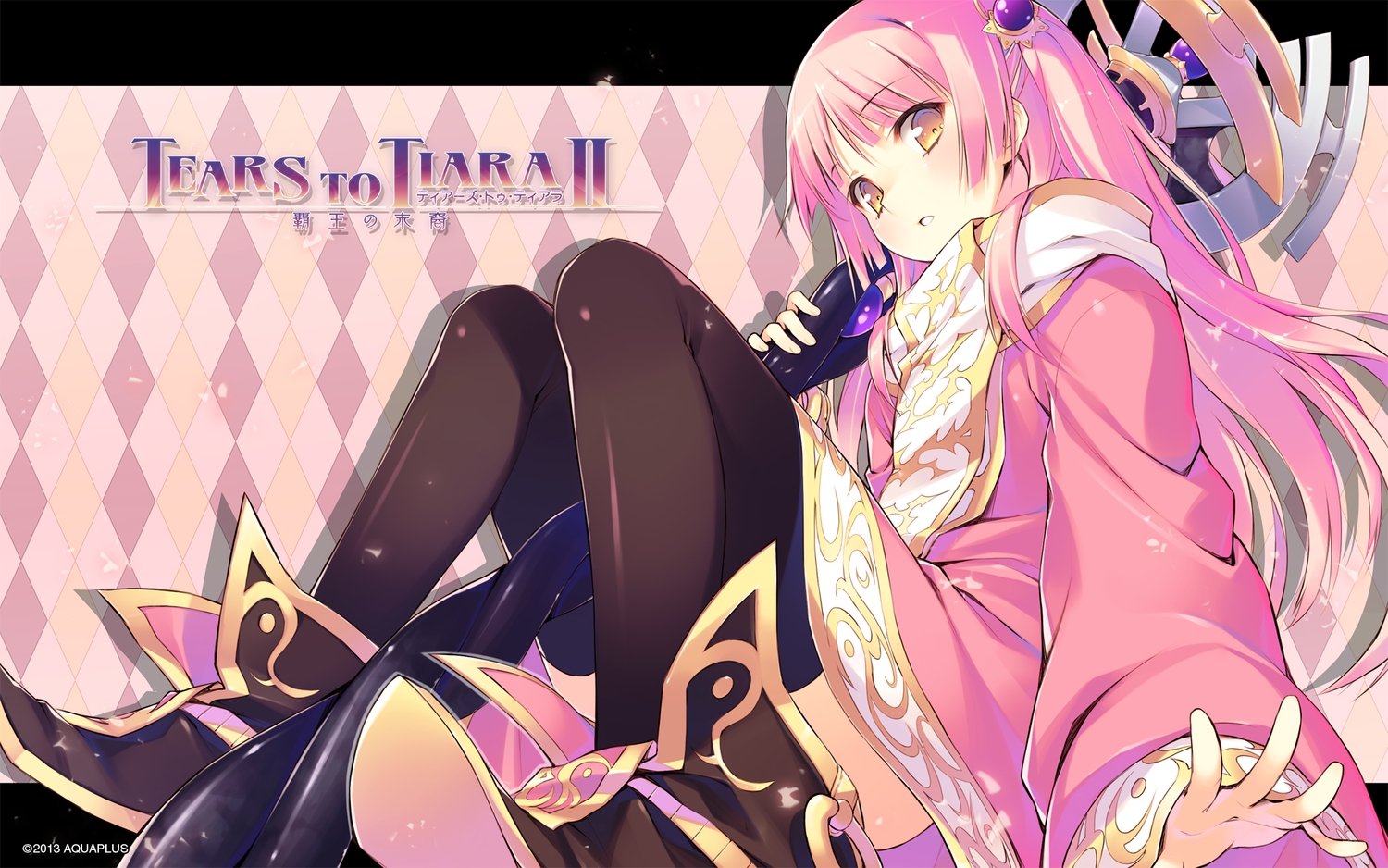 kleito, logo, long_hair, pink_hair, staff, tatami_to_hinoki, tears_to_tiara, tears_to_tiara_ii, thighhighs, weapon, yellow_eyes