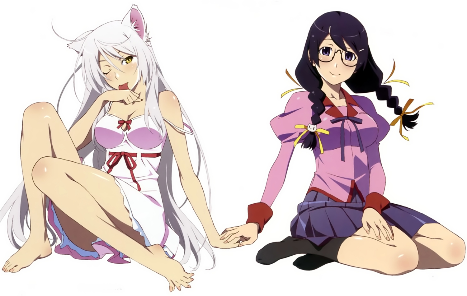 animal_ears, bakemonogatari, barefoot, black_hair, braids, breasts, catgirl, cleavage