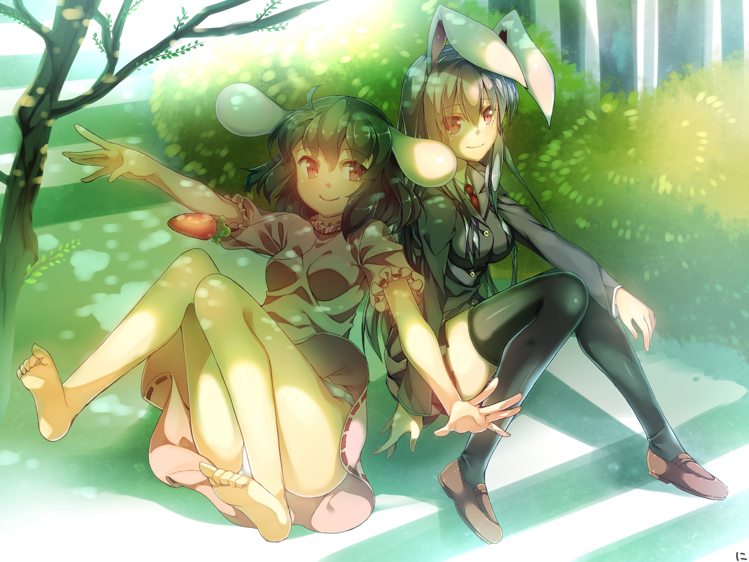 2girls, animal_ears, barefoot, black_hair, blue_hair, bunny_ears, bunnygirl, food
