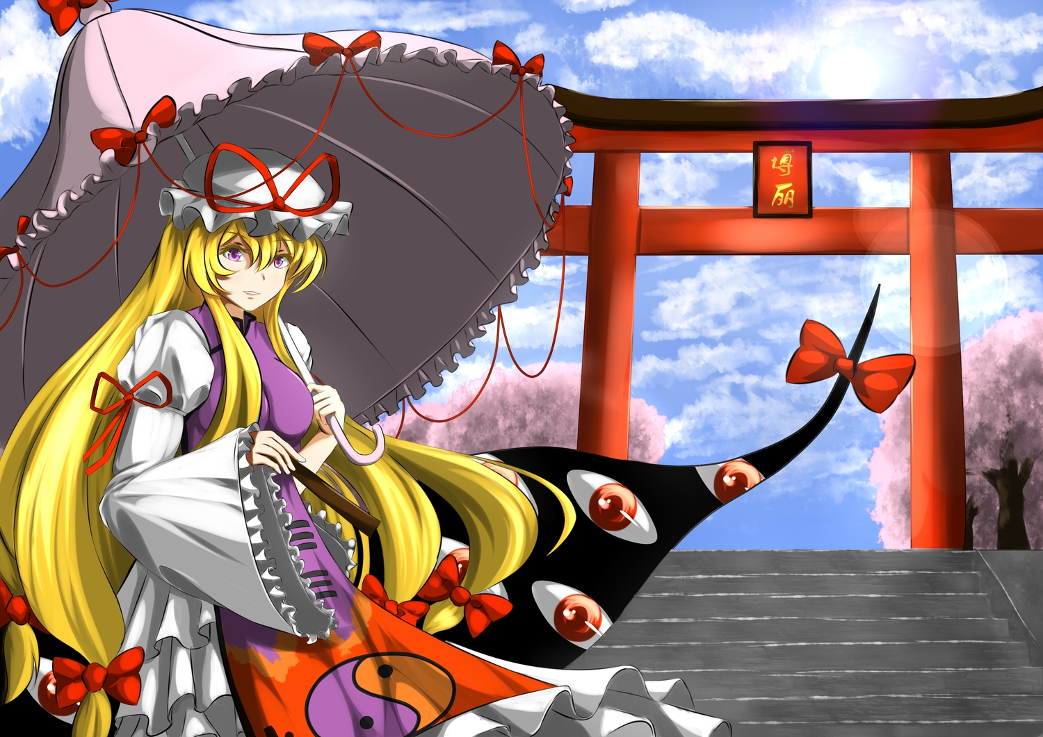 blonde_hair, bow, bushi_j, cherry_blossoms, clouds, flowers, hat, long_hair, purple_eyes, sky, stairs, torii, touhou, umbrella, yakumo_yukari