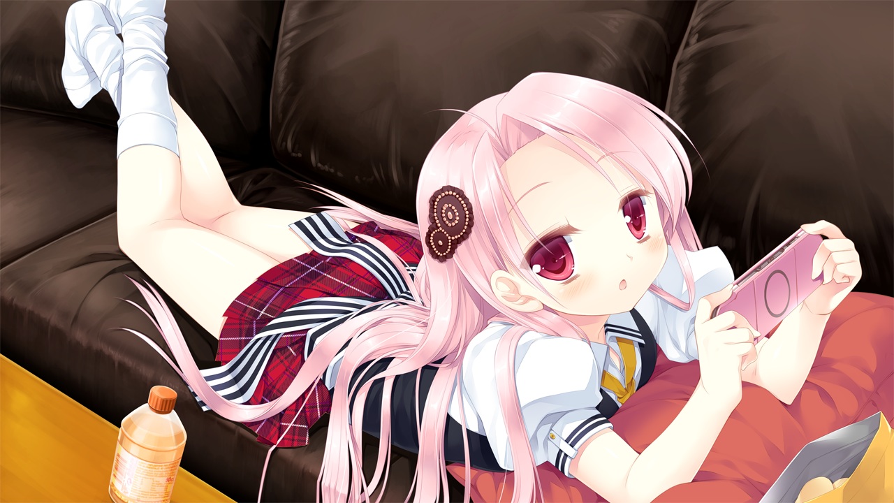 game_cg, game_console, gangsta_republica, miyasu_risa, pink_hair, red_eyes, sarka_grossmanova, school_uniform
