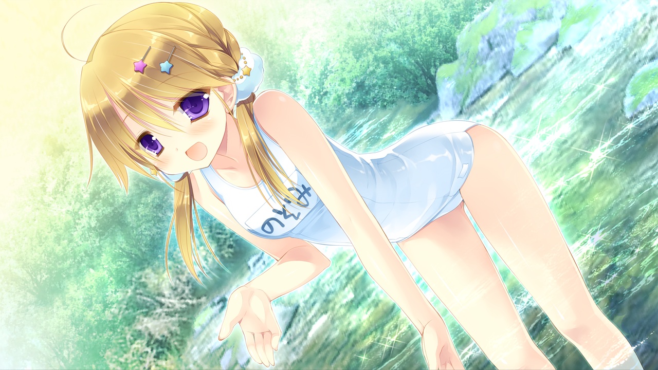 blonde_hair, blush, game_cg, gangsta_republica, miyasu_risa, purple_eyes, school_swimsuit, swimsuit, tokimori_nozomi, water, whitesoft
