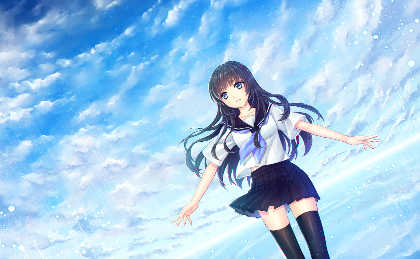 black_hair, blue_eyes, clouds, long_hair, original, school_uniform, skirt, sky, thighhighs, yuki_hanana, zettai_ryouiki
