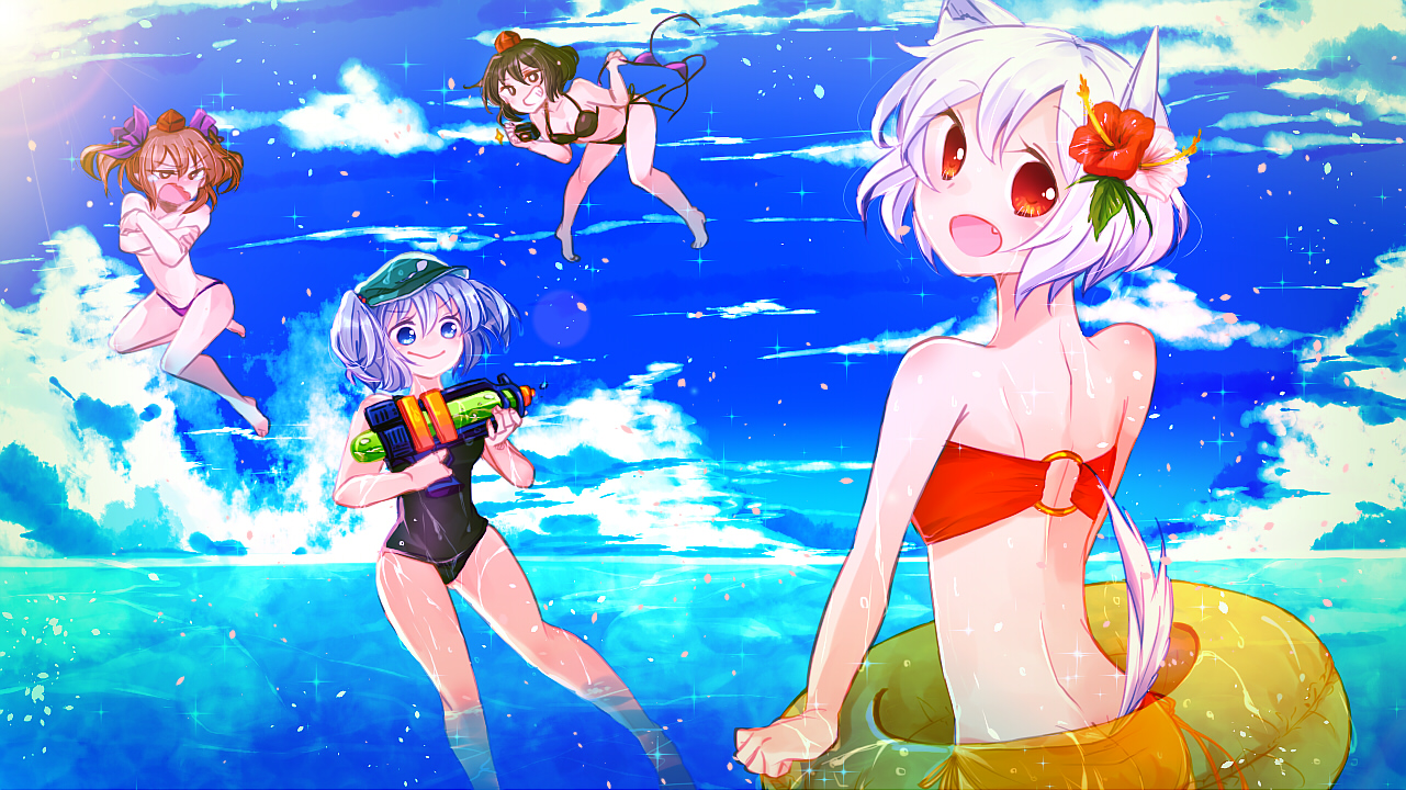 animal_ears, bikini, black_hair, blue_eyes, blue_hair, brown_hair, fang, group