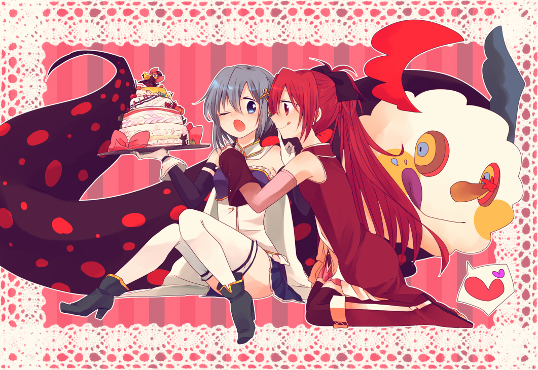 2girls, blue_hair, cake, cape, charlotte_(mahou_shoujo_madoka_magica), food, gloves, long_hair