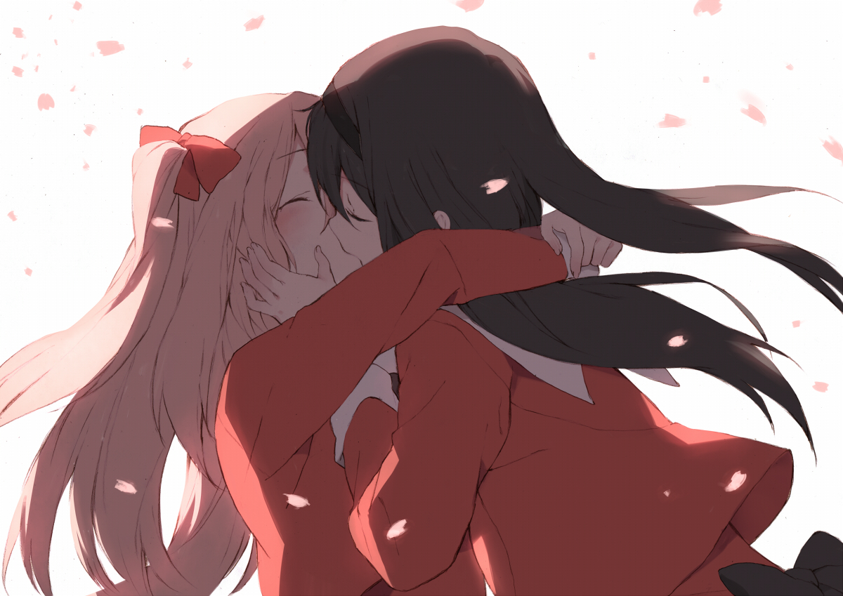 alongriver, ayase_miya, azumi_risa, black_hair, bow, kiss, long_hair, petals, pink_hair, shoujo_ai, sono_hanabira_ni_kuchizuke_wo