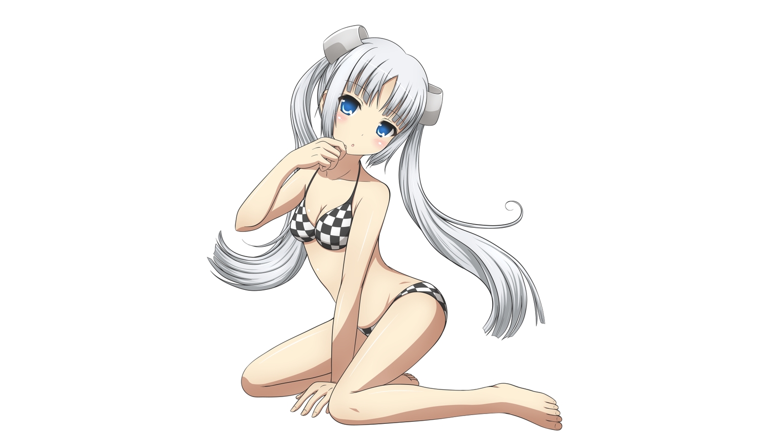 barefoot, bikini, blue_eyes, blush, gray_hair, kk-sk-ray, long_hair, miss_monochrome, miss_monochrome_(character), swimsuit, twintails, white