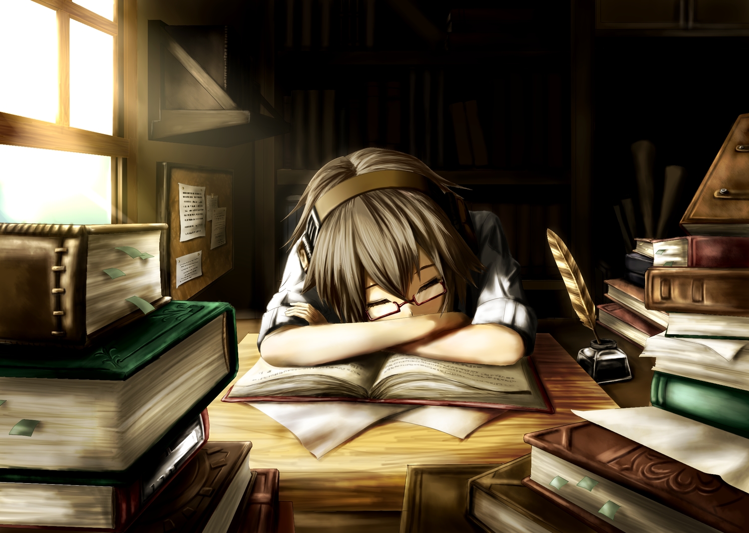 book, brown_hair, glasses, headphones, namacotan, original, sleeping