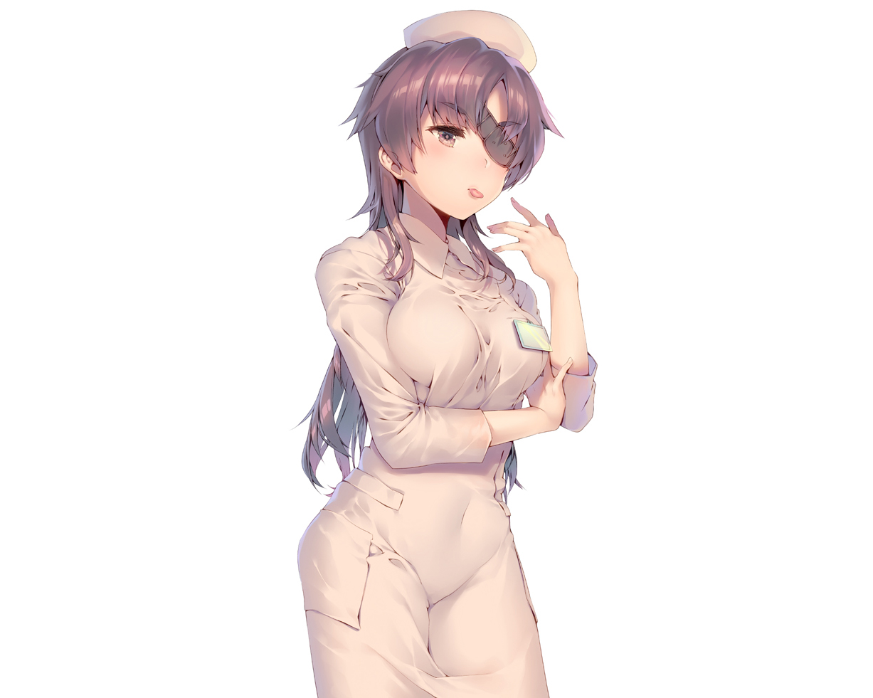 dsmile, eyepatch, hat, long_hair, mirai_nikki, nurse, purple_eyes, purple_hair, uryuu_minene, white