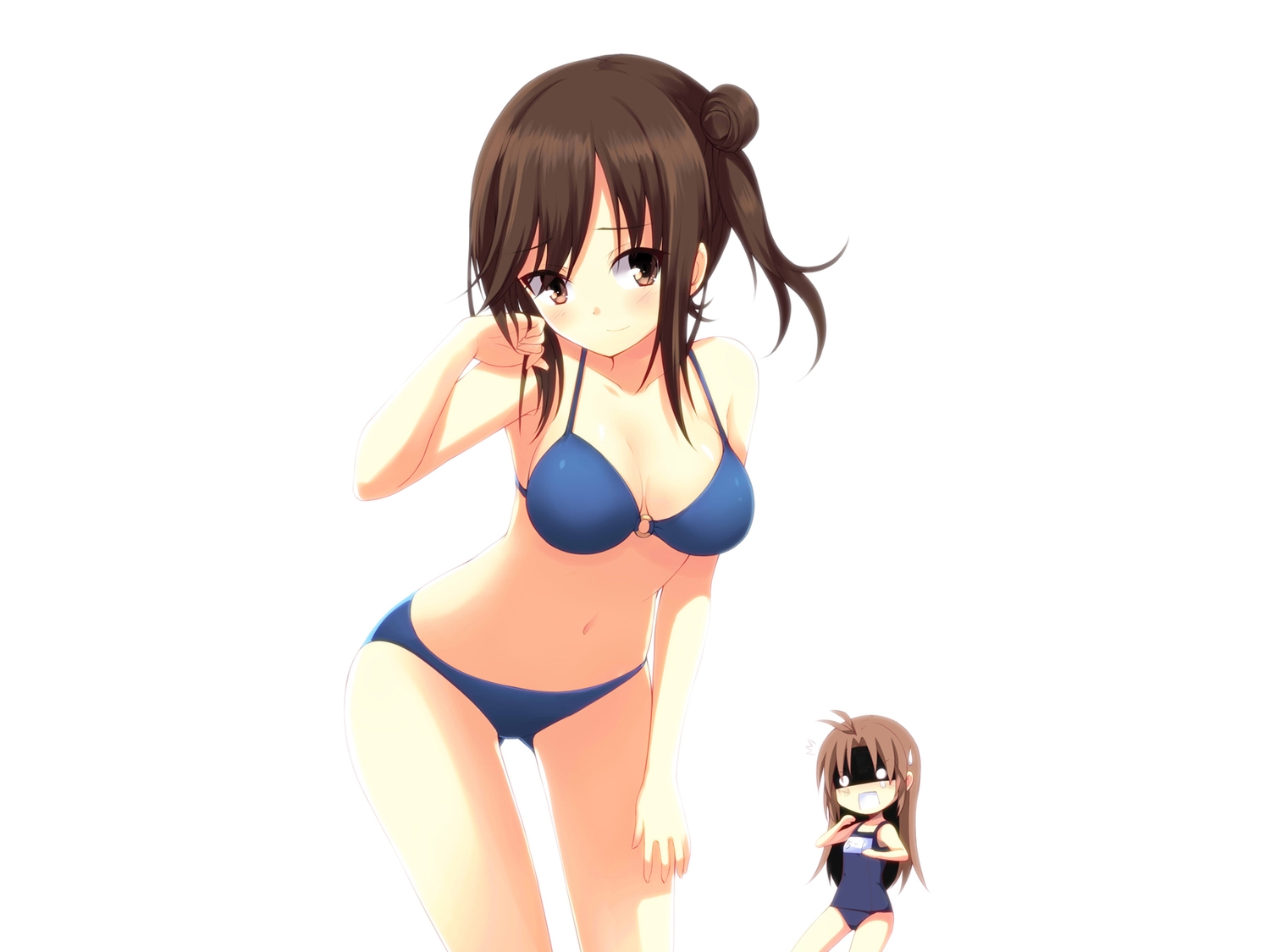 aixioo, bikini, brown_eyes, brown_hair, chibi, ichijou_hotaru, koshigaya_komari, navel, non_non_biyori, school_swimsuit, short_hair, swimsuit, white