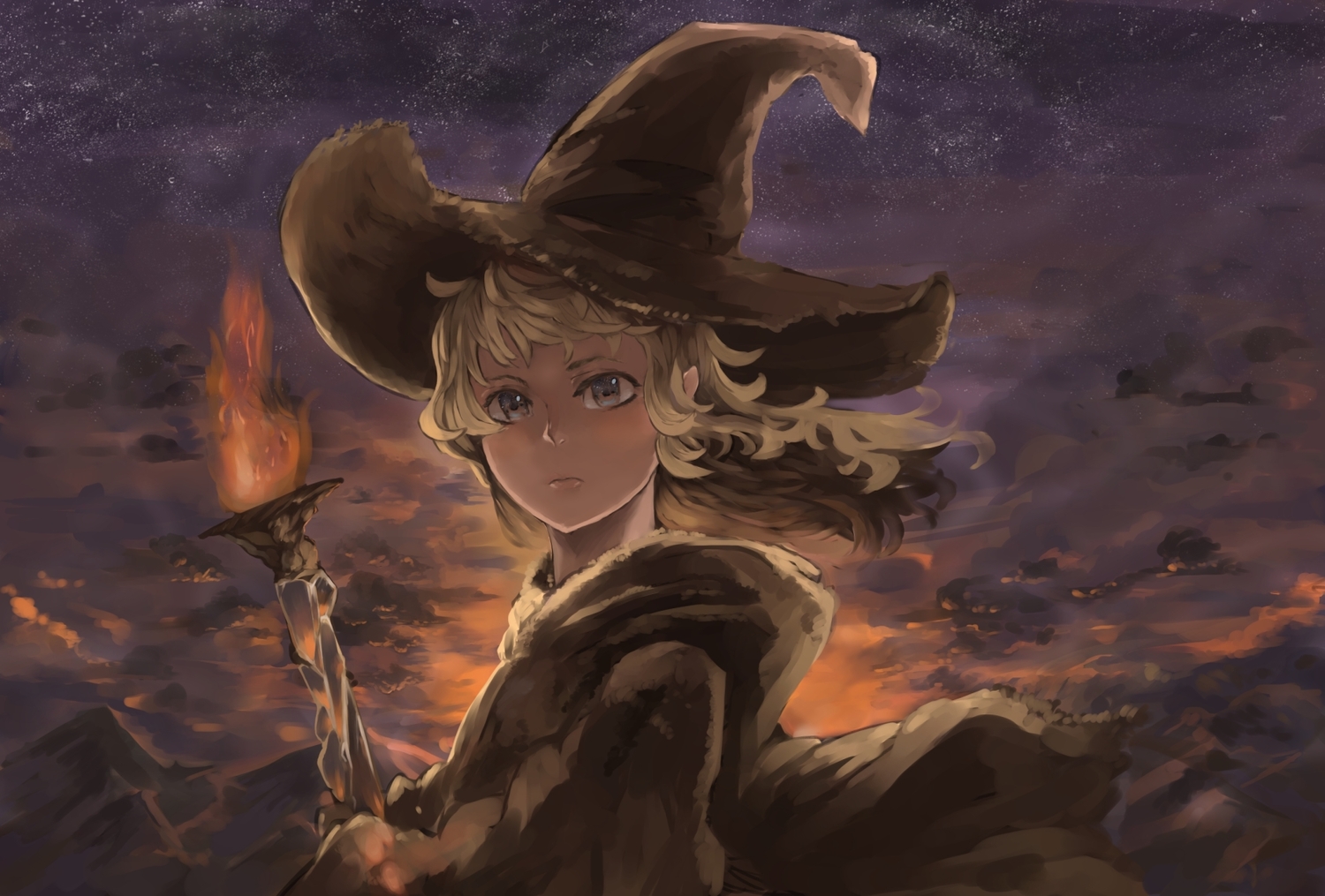 blonde_hair, close, fire, hat, kureta_(nikogori), original, short_hair, staff
