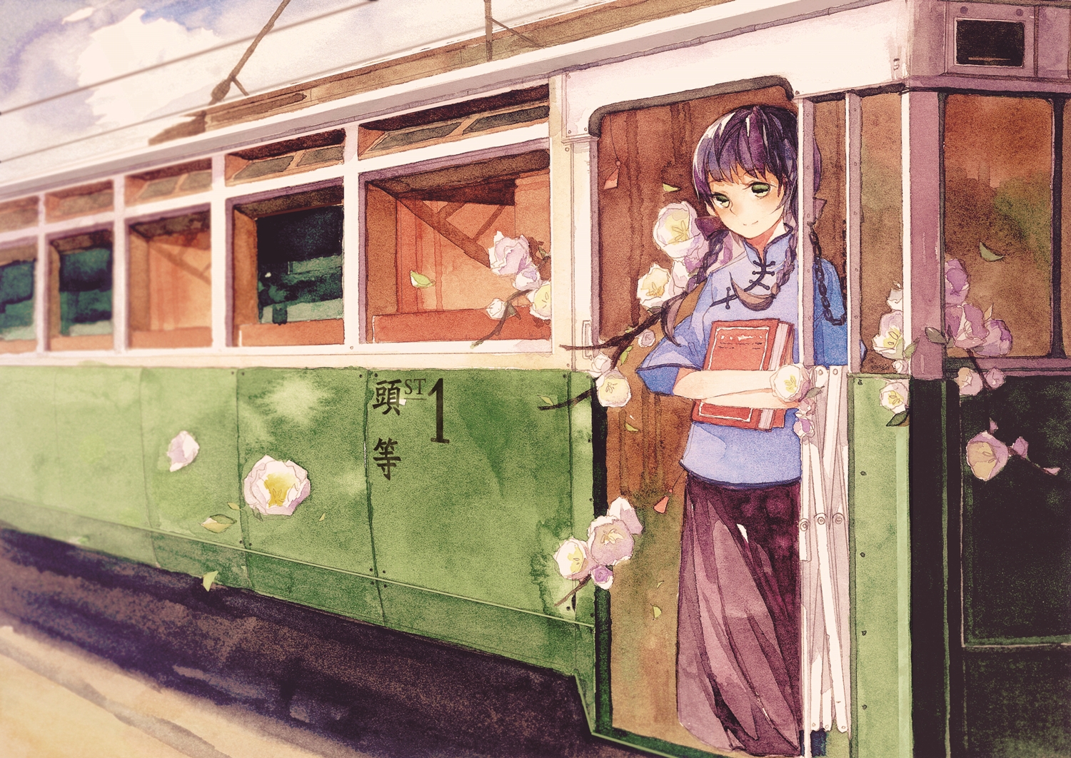 book, braids, flowers, original, petals, purple_hair, train, twintails, xiao_zhangyu