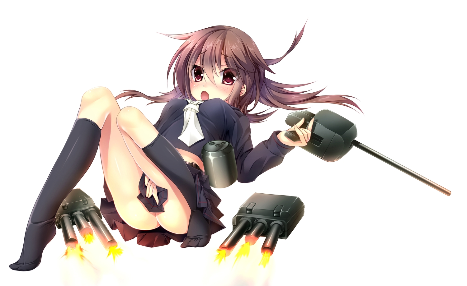 anthropomorphism, ass, blush, brown_hair, fumizuki_(kancolle), gun, kantai_collection, kneehighs