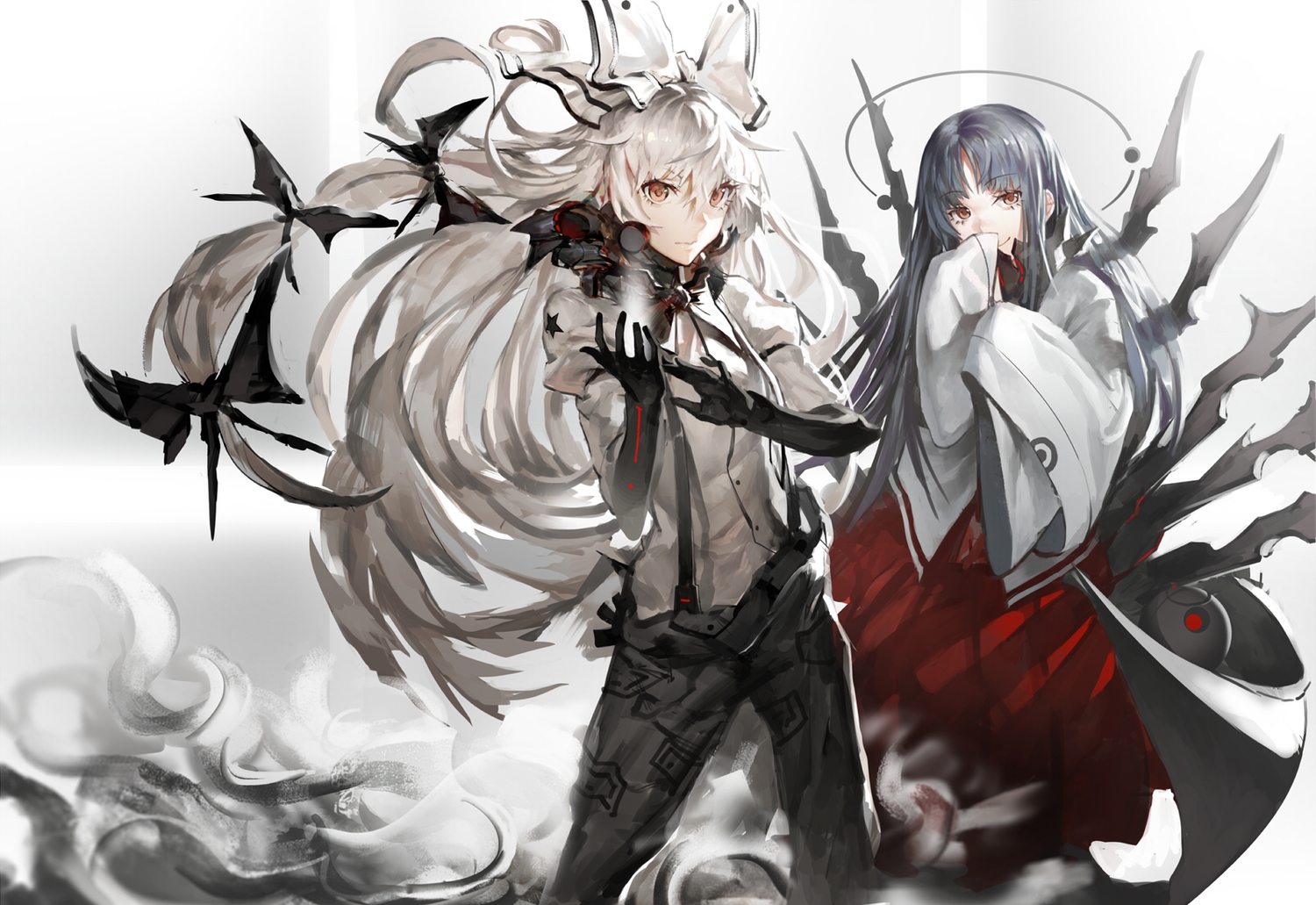 2girls, aituoku_(twh), black_hair, bow, brown_eyes, fujiwara_no_mokou, gloves, houraisan_kaguya, japanese_clothes, long_hair, touhou, white_hair