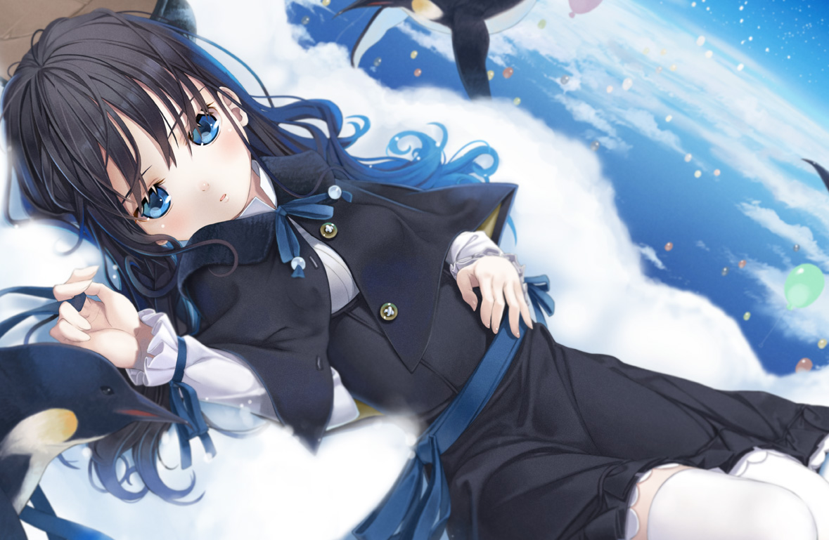 animal, bird, black_hair, blue_eyes, chiharu_(nekomimibousi96), clouds, loli, long_hair, original, penguin, sky, thighhighs, zettai_ryouiki