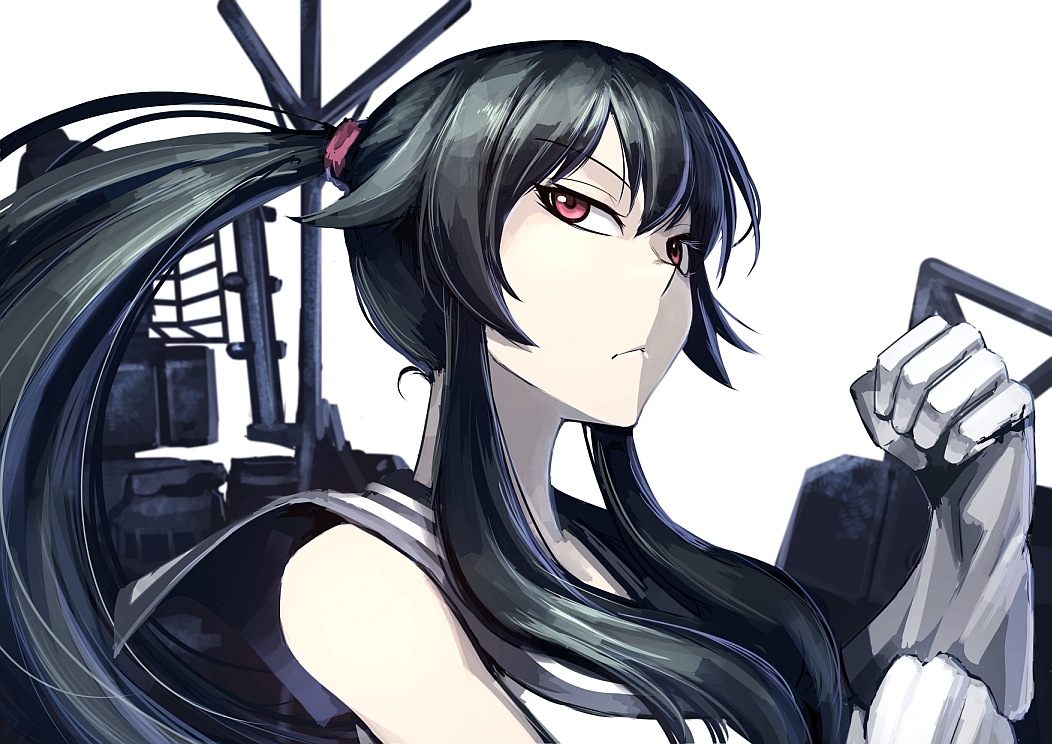 aliasing, anthropomorphism, black_hair, gloves, hellshock, kantai_collection, long_hair, pink_eyes, ponytail, yahagi_(kancolle)