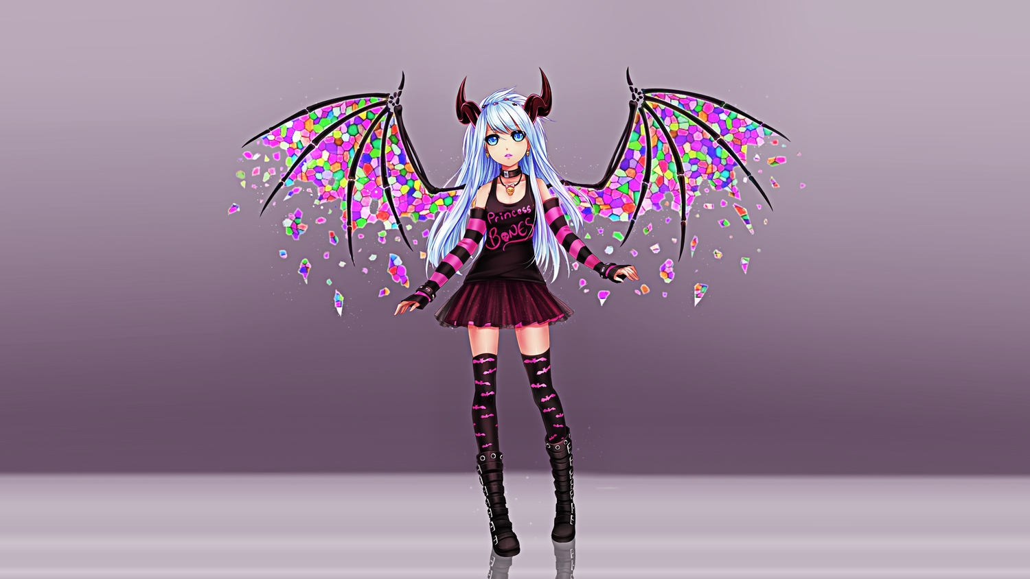 aqua_eyes, aqua_hair, boots, choker, demon, horns, necklace, omocha-san, original, skirt, thighhighs, third-party_edit, wings, zettai_ryouiki