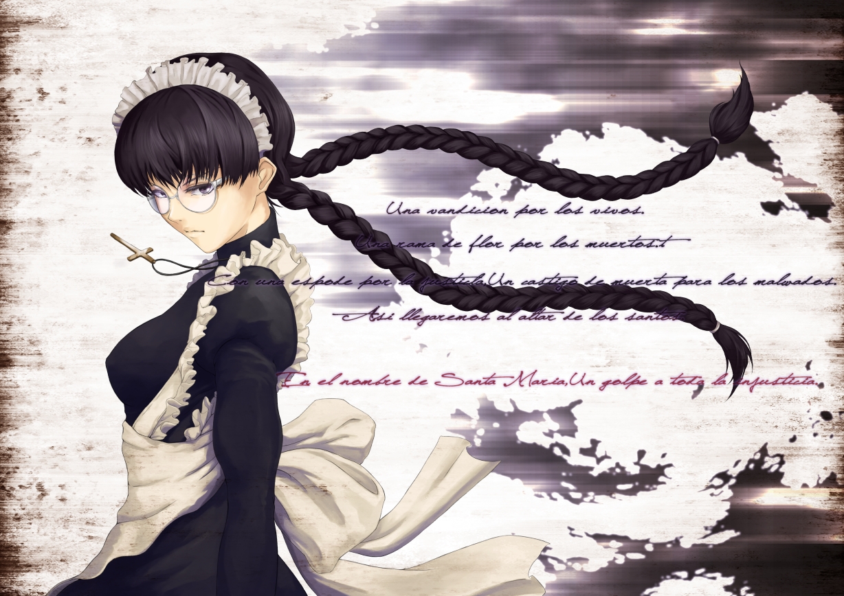 apron, black_hair, black_lagoon, braids, cross, din_(raiden), glasses, headdress