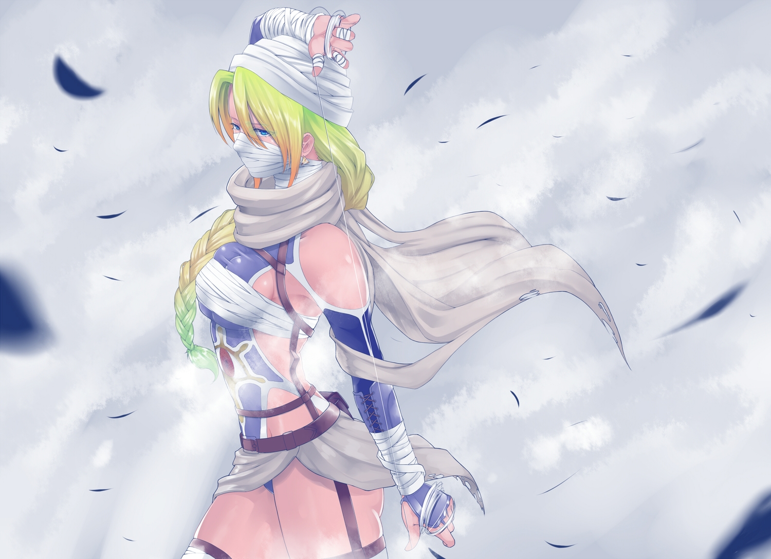 bandage, blonde_hair, blue_eyes, braids, breasts, moku., no_bra, scarf, sheik, sideboob, the_legend_of_zelda