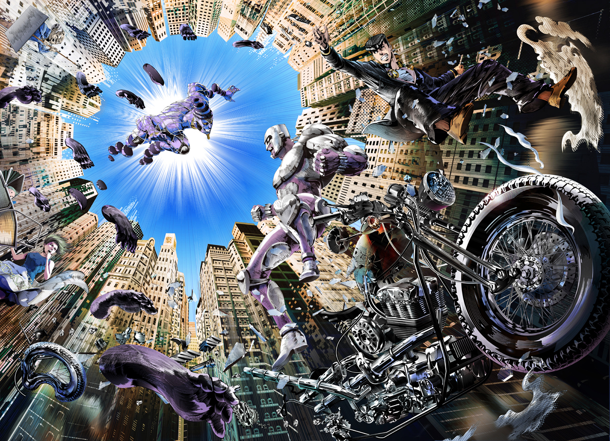 building, city, jojo_no_kimyou_na_bouken, kuujou_joutarou, motorcycle, nakazono310, tagme_(character)