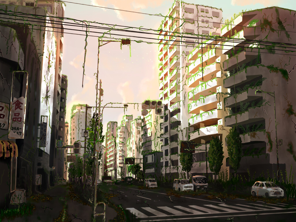 building, car, city, keepvalley, no_humans, original, ruins, sunset