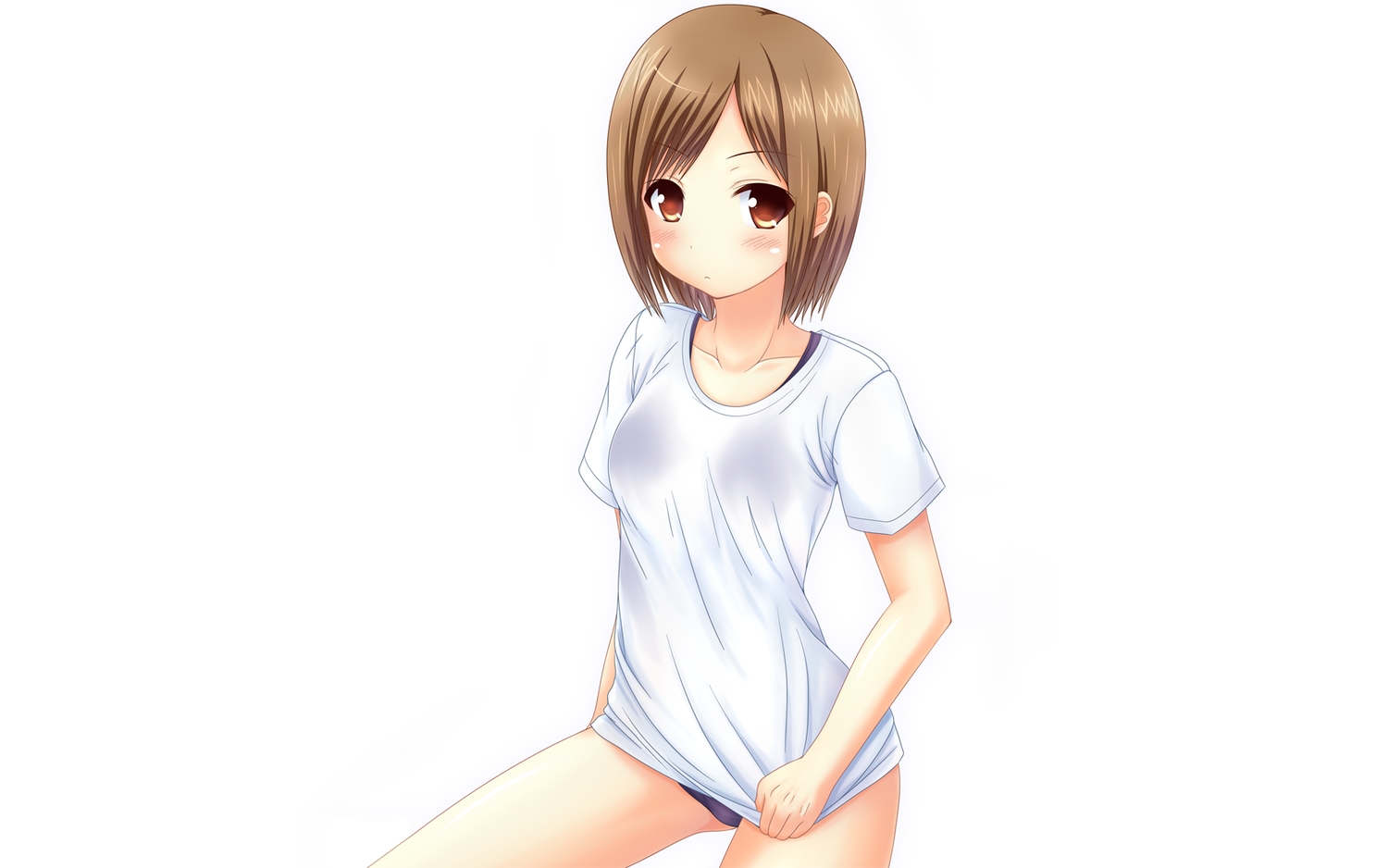 blush, brown_eyes, brown_hair, kk-sk-ray, school_swimsuit, short_hair, swimsuit, white