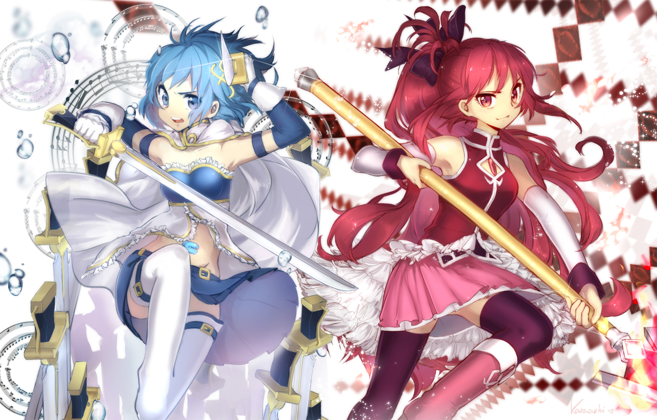 2girls, blue_eyes, blue_hair, cape, elbow_gloves, gloves, mahou_shoujo_madoka_magica, miki_sayaka, music, pianzu_mao, ponytail, red_eyes, red_hair, sakura_kyouko, skirt, spear, sword, thighhighs, weapon