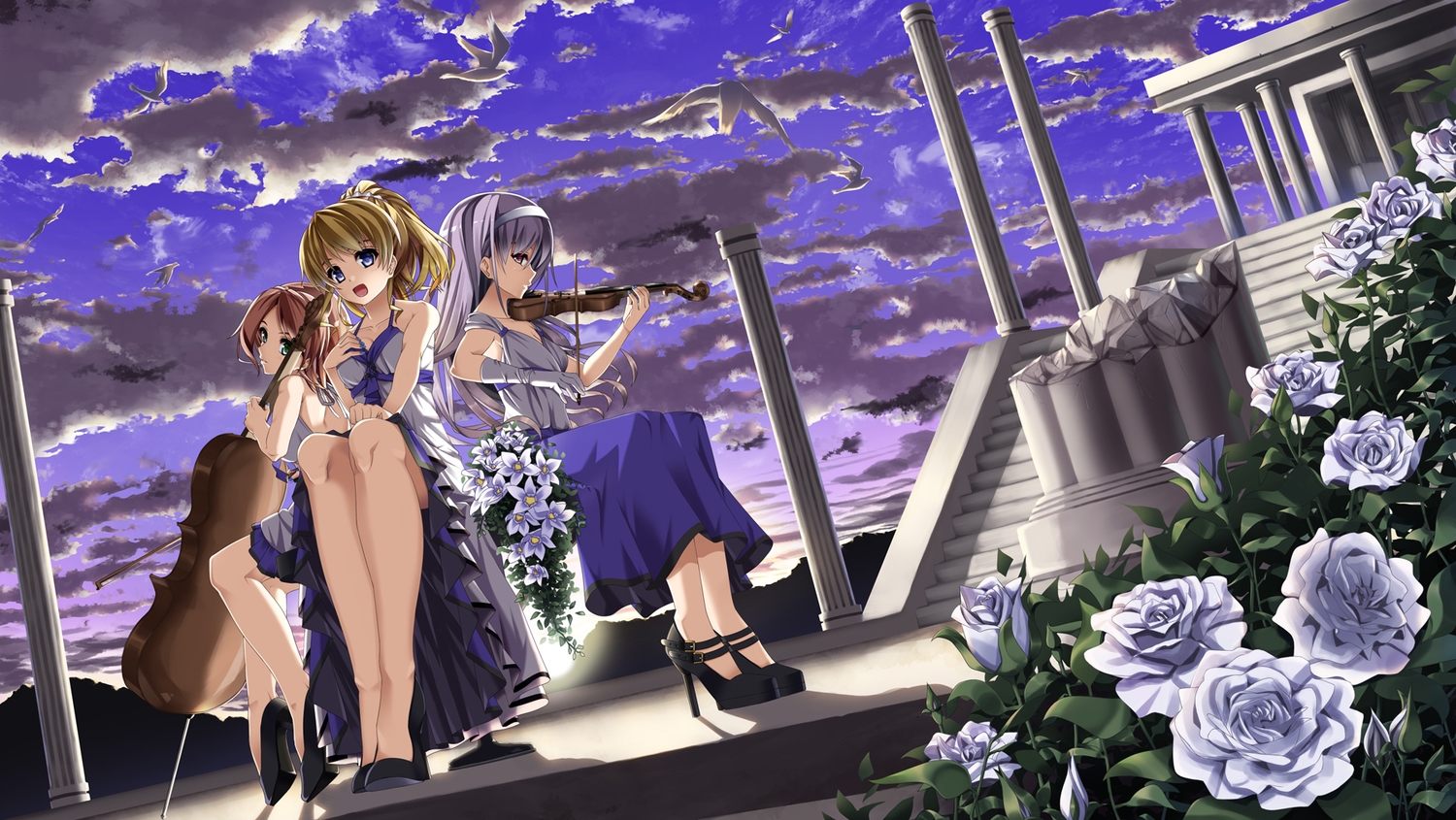 animal, animal_ears, ashizuki, bird, blonde_hair, blue_eyes, brown_hair, clouds, dress, elbow_gloves, flowers, gloves, green_eyes, headband, instrument, long_hair, original, purple_hair, sky, stairs, violin