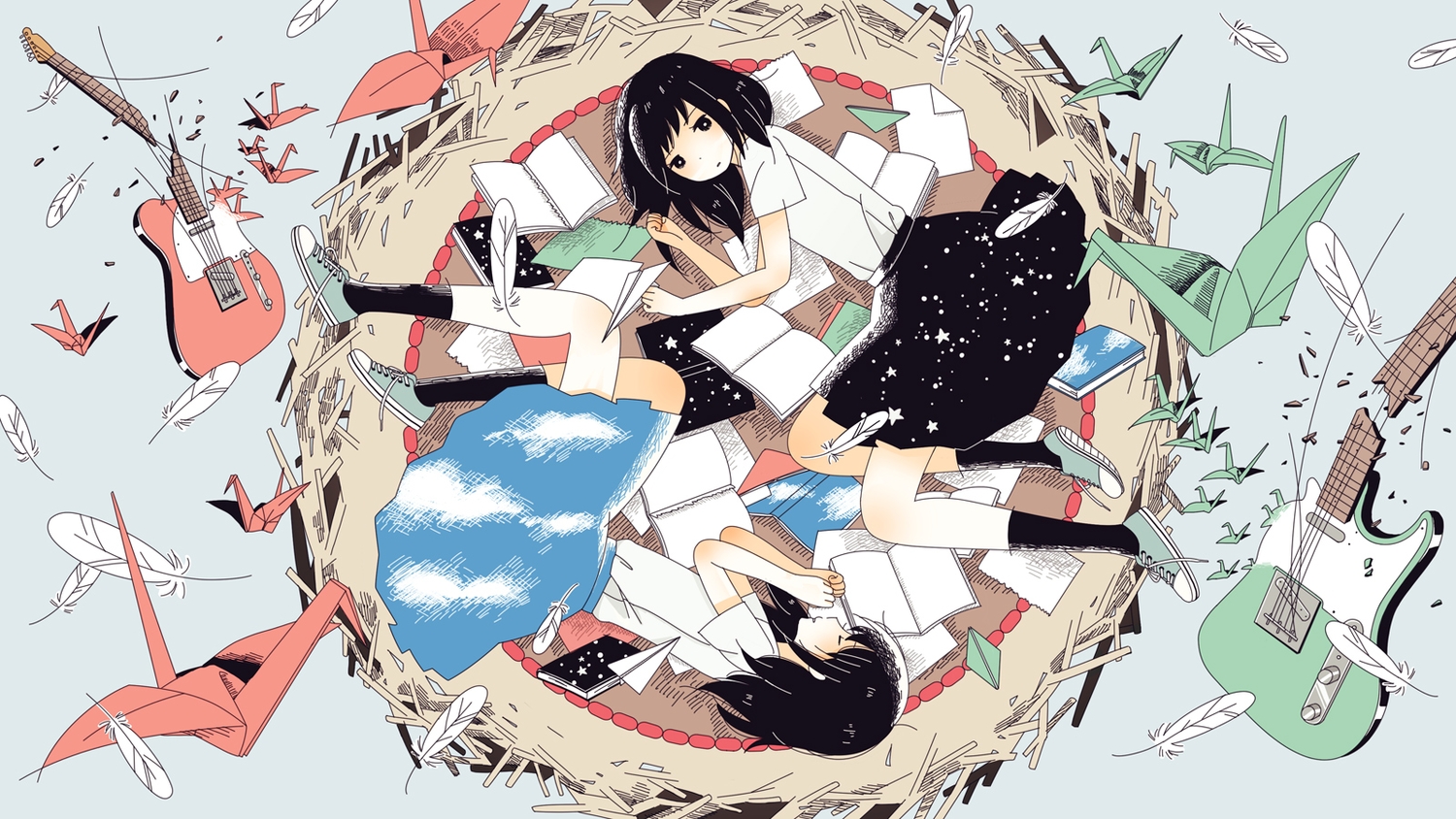 2girls, black_eyes, black_hair, book, feathers, guitar, instrument, original, paper, skirt, super_normal