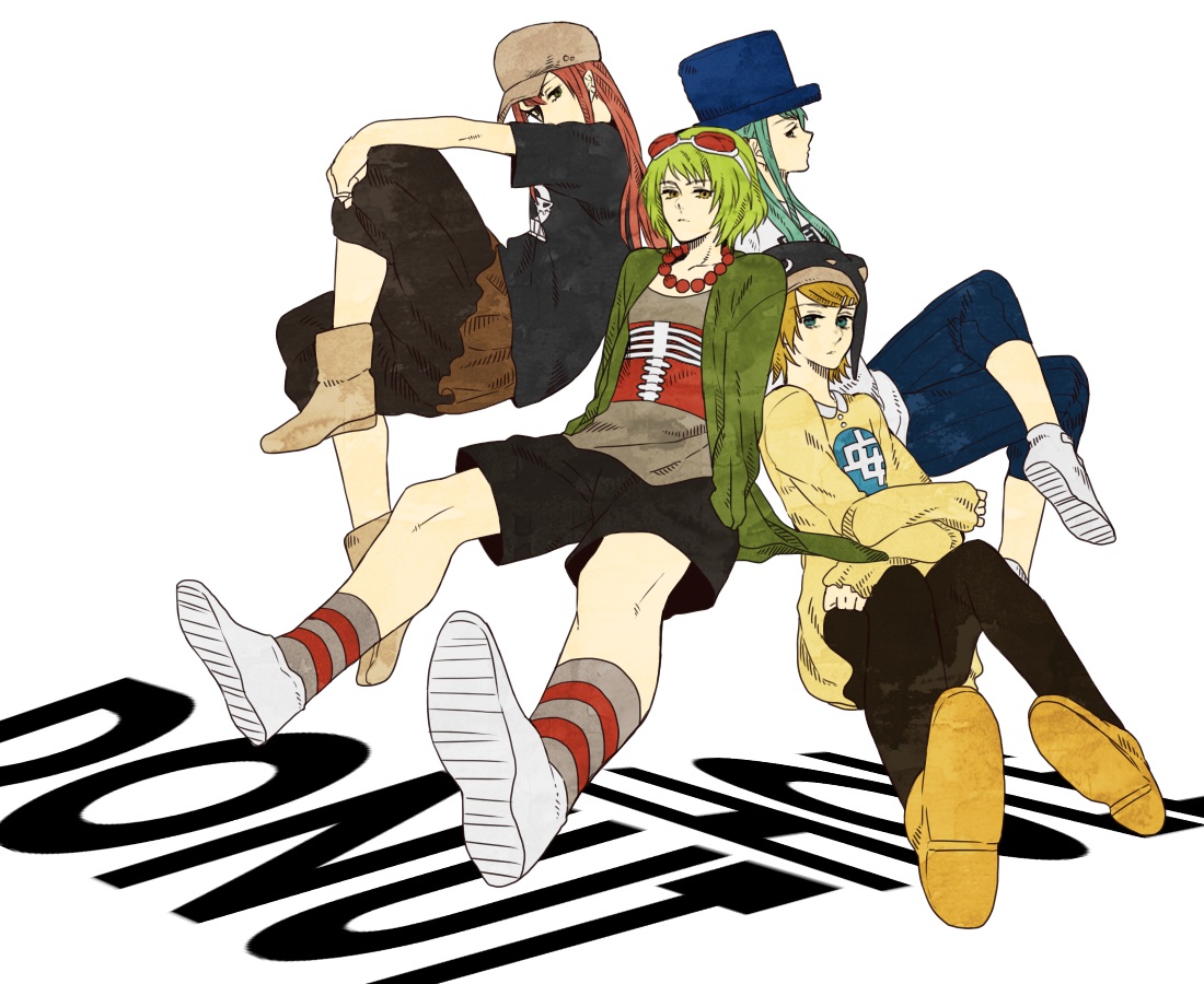 boots, donut_hole_(vocaloid), goggles, group, gumi, hat, hatsune_miku, isaka