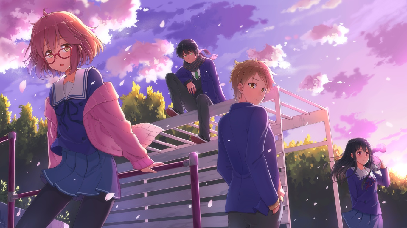 animal, black_hair, brown_hair, clouds, glasses, green_eyes, group, kanbara_akihito