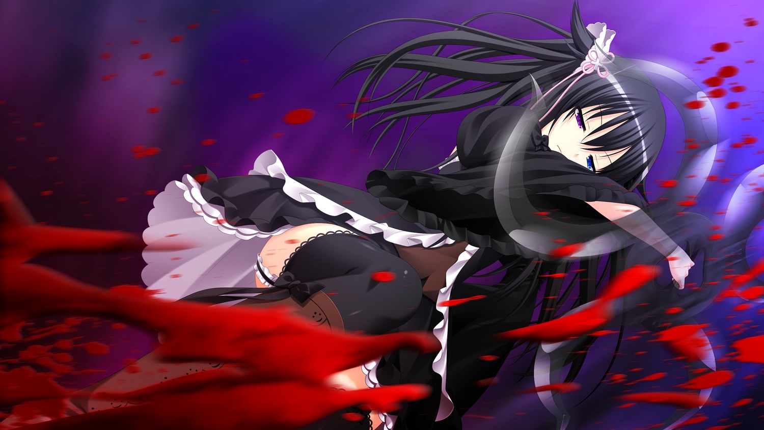 3rd_eye, bicolored_eyes, black_hair, blood, game_cg, garter_belt, gensou_no_idea, long_hair