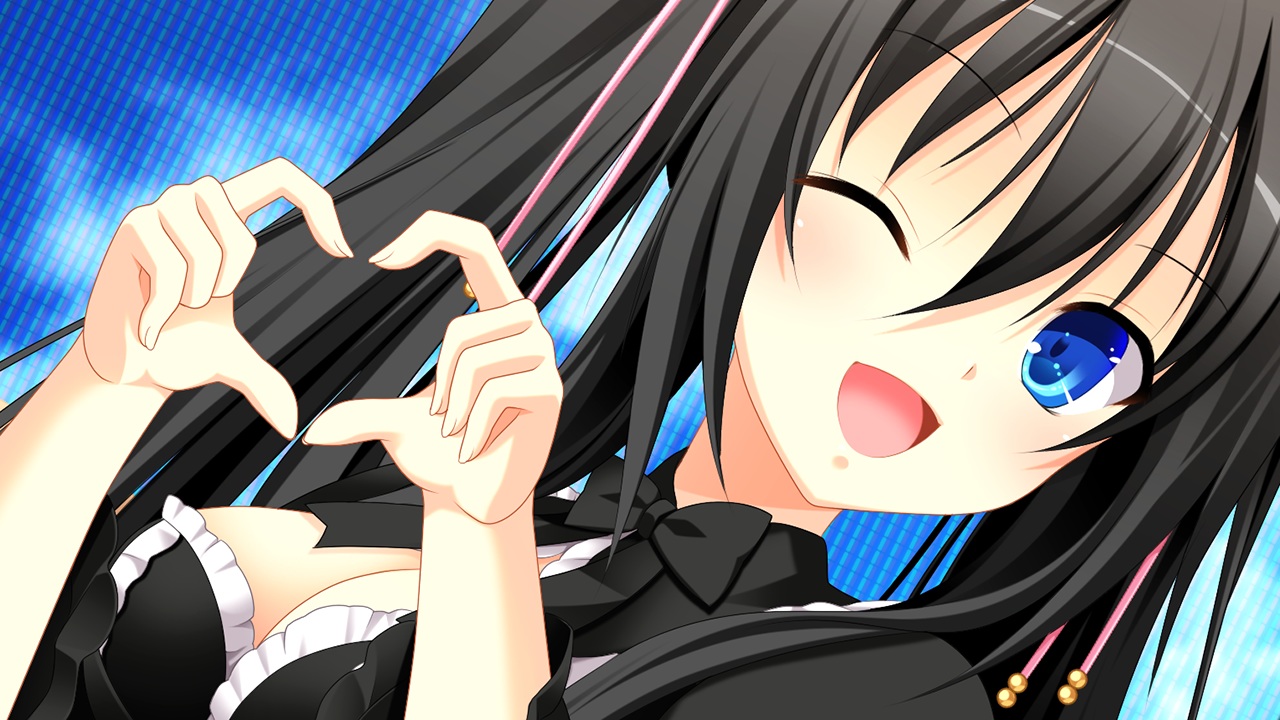 3rd_eye, black_hair, blue_eyes, bow, breasts, cleavage, close, game_cg