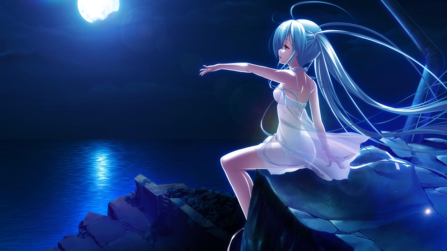 3rd_eye, aqua_hair, game_cg, gensou_no_idea, kokoro_(gensou_no_idea), long_hair, moon, night