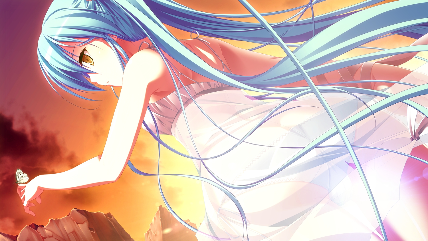 3rd_eye, aqua_hair, butterfly, dress, game_cg, gensou_no_idea, kokoro_(gensou_no_idea), long_hair, panties, sakaki_maki, see_through, sunset, underwear, yellow_eyes
