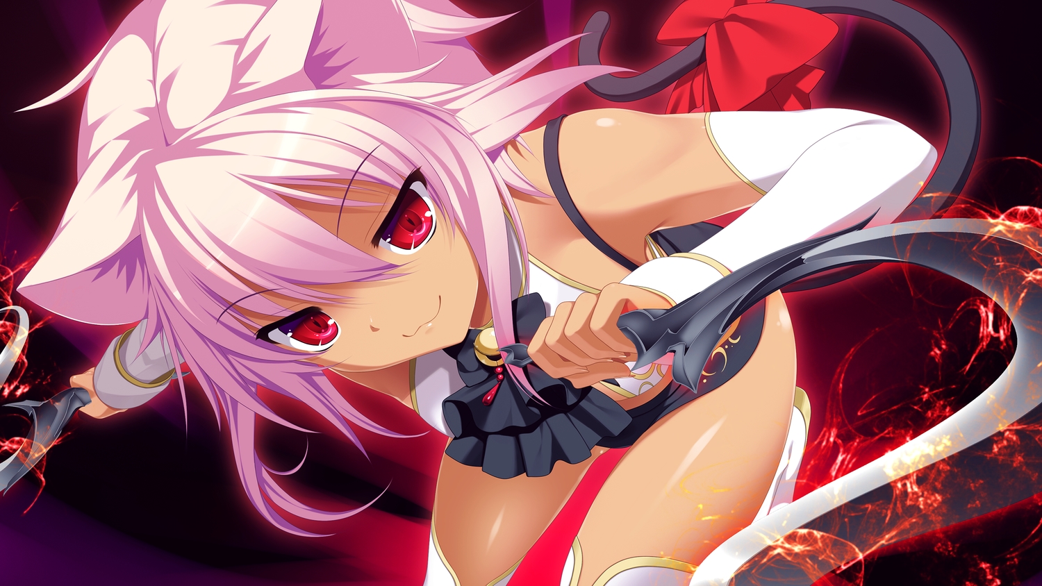 3rd_eye, animal_ears, catgirl, cat_smile, game_cg, gensou_no_idea, makita_maki, purple_hair, red_eyes, rouge_(gensou_no_idea), short_hair, tail, weapon