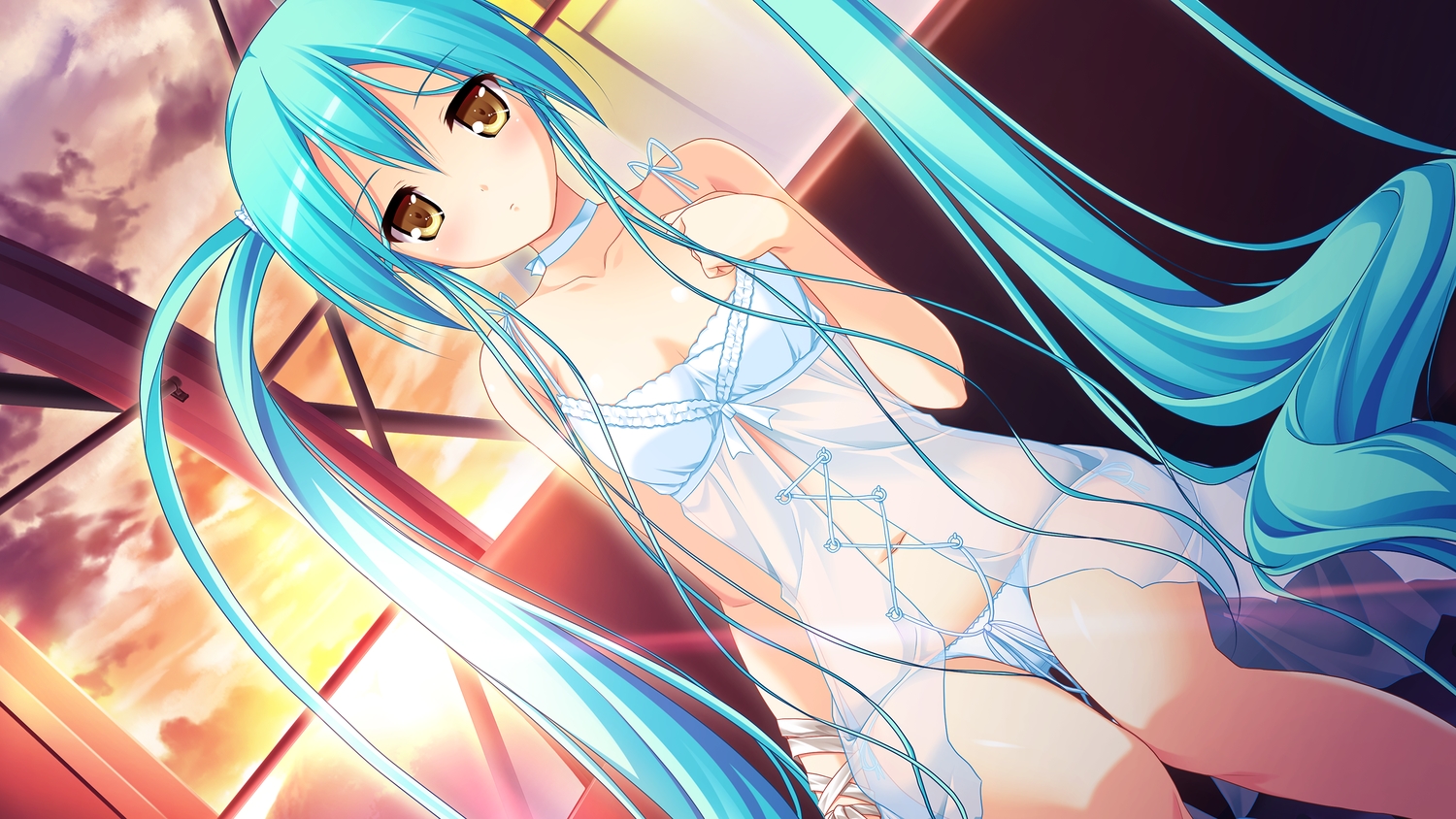 3rd_eye, aqua_hair, game_cg, gensou_no_idea, kokoro_(gensou_no_idea), long_hair, navel, panties, sakaki_maki, sunset, twintails, underwear, yellow_eyes