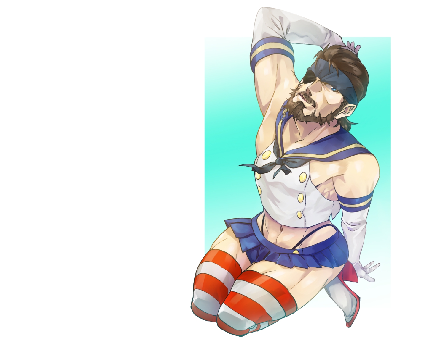 all_male, big_boss, blue_eyes, bow, brown_hair, cosplay, elbow_gloves, eyepatch
