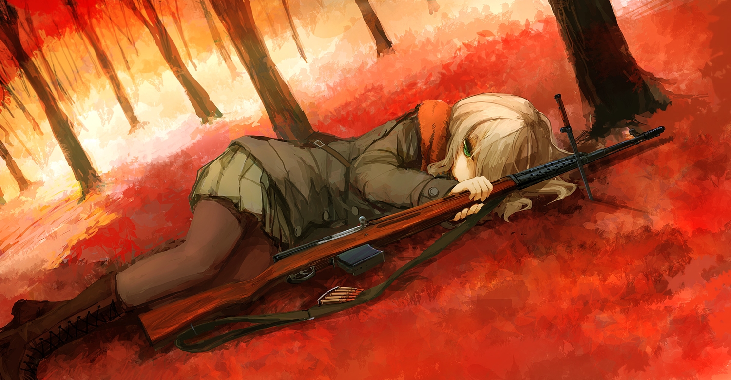 bee_(deadflow), blonde_hair, boots, forest, green_eyes, gun, knife, original, pantyhose, scarf, tree, weapon
